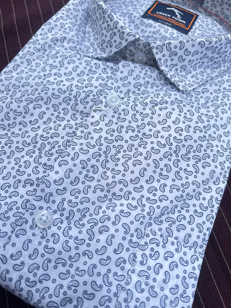 White base blue paisley motif