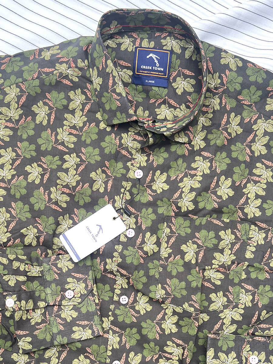 Dark olive green with floral