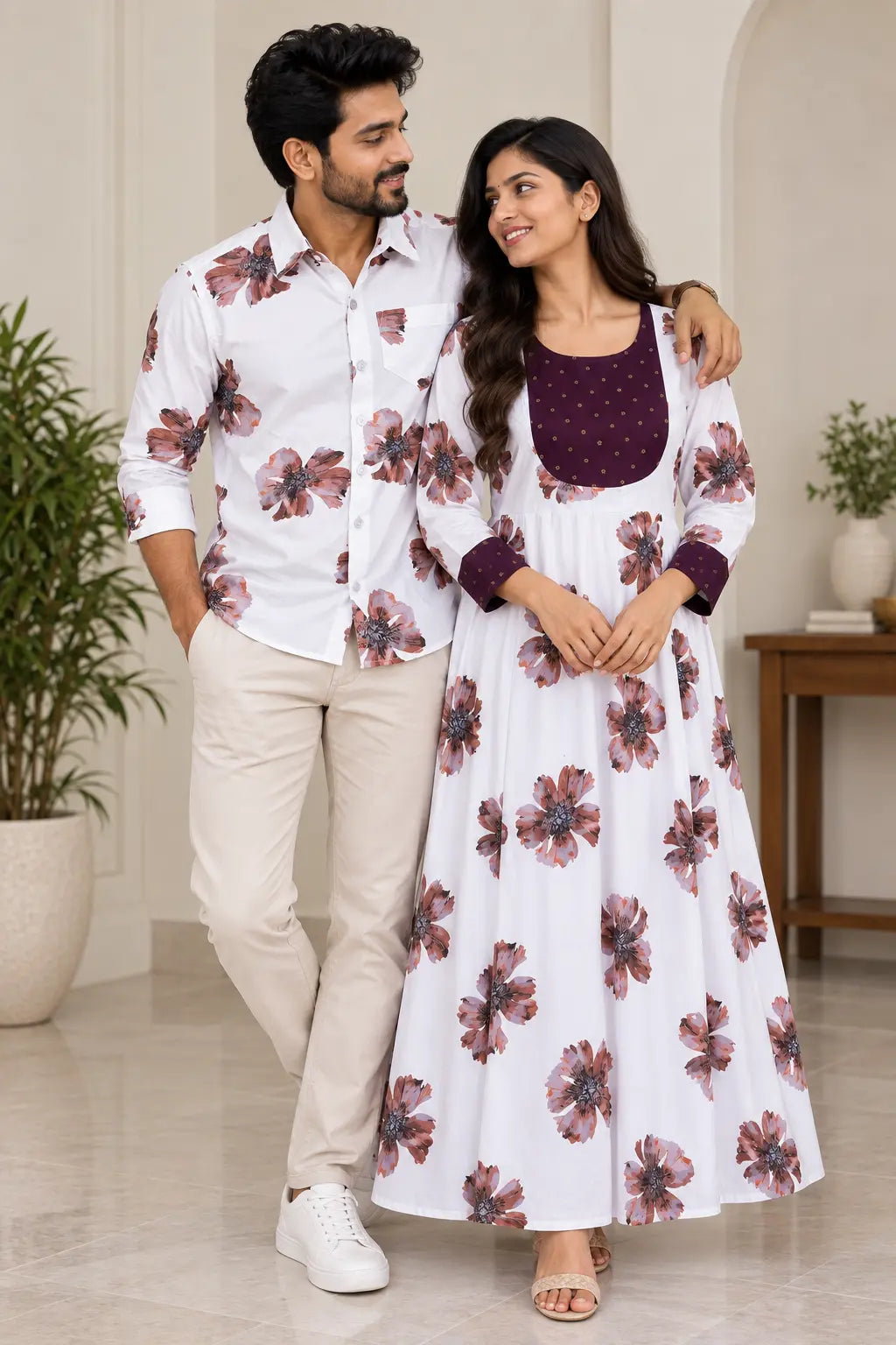 White cotton blend hibiscus floral print - Couple Combo