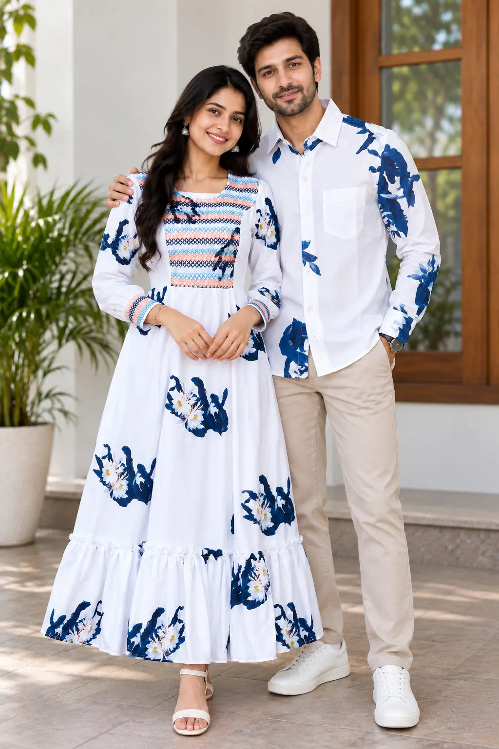 White cotton blend indigo blue floral Print - Couple Combo