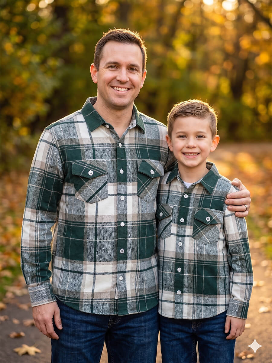 Bottle Green White Flannel checks Dad & Son Combo