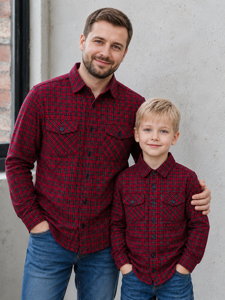 Red Small Flannel checks Dad & Son Combo