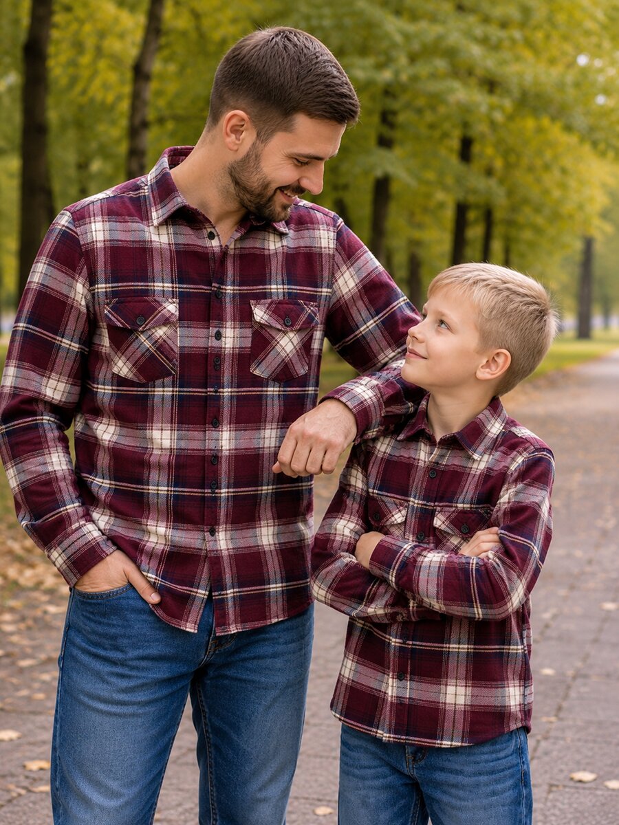 Magenta White Flannel checks Dad & Son Combo