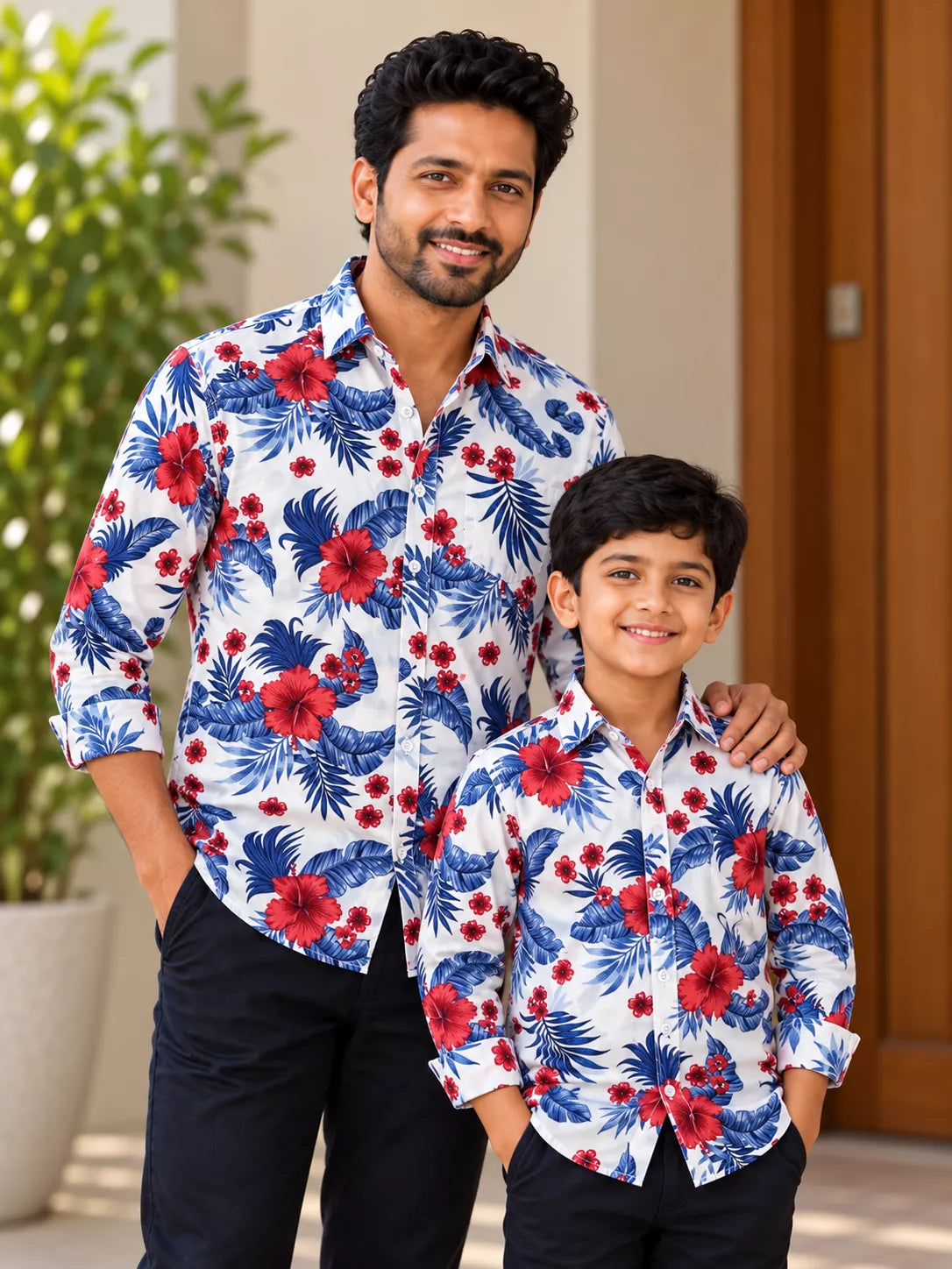 White Base Red and Blue Floral Print Shirt Dad & Son Combo