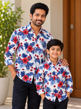White Base Red and Blue Floral Print Shirt Dad Combo