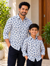 White Base Grey & Blue Flower Print Shirt Dad Combo