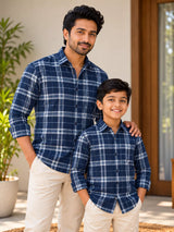 Dark Blue & Bold White Double Stripe Checked Shirt Dad Combo