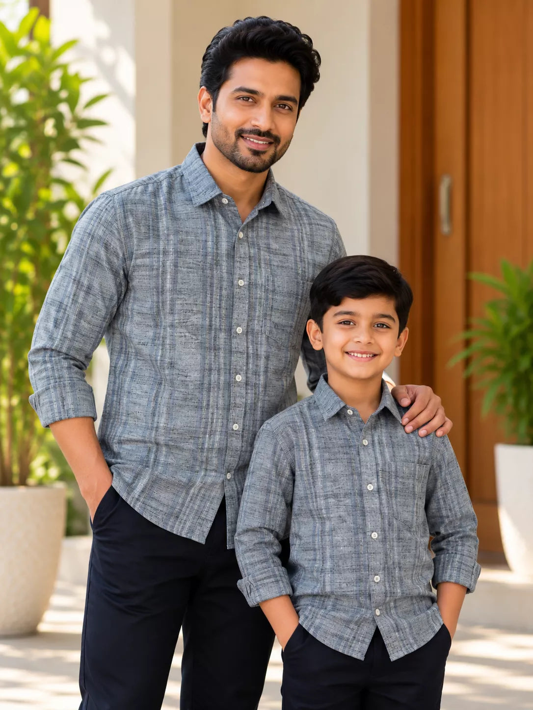 Light Grey, Blue Vertical Lines Shirt Dad Combo