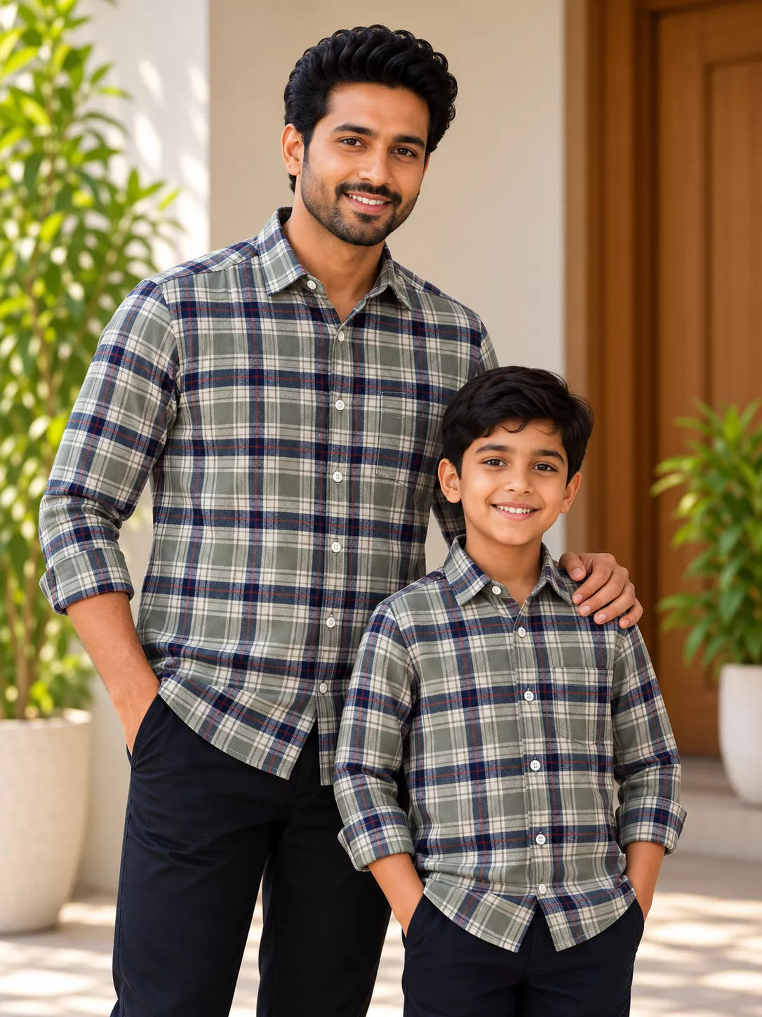 Sage Green & Bold Blue Checked Shirt Son Combo