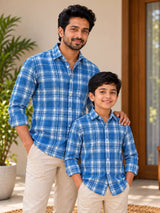 Blue and White Plaid Brushed Shirt Dad Combo
