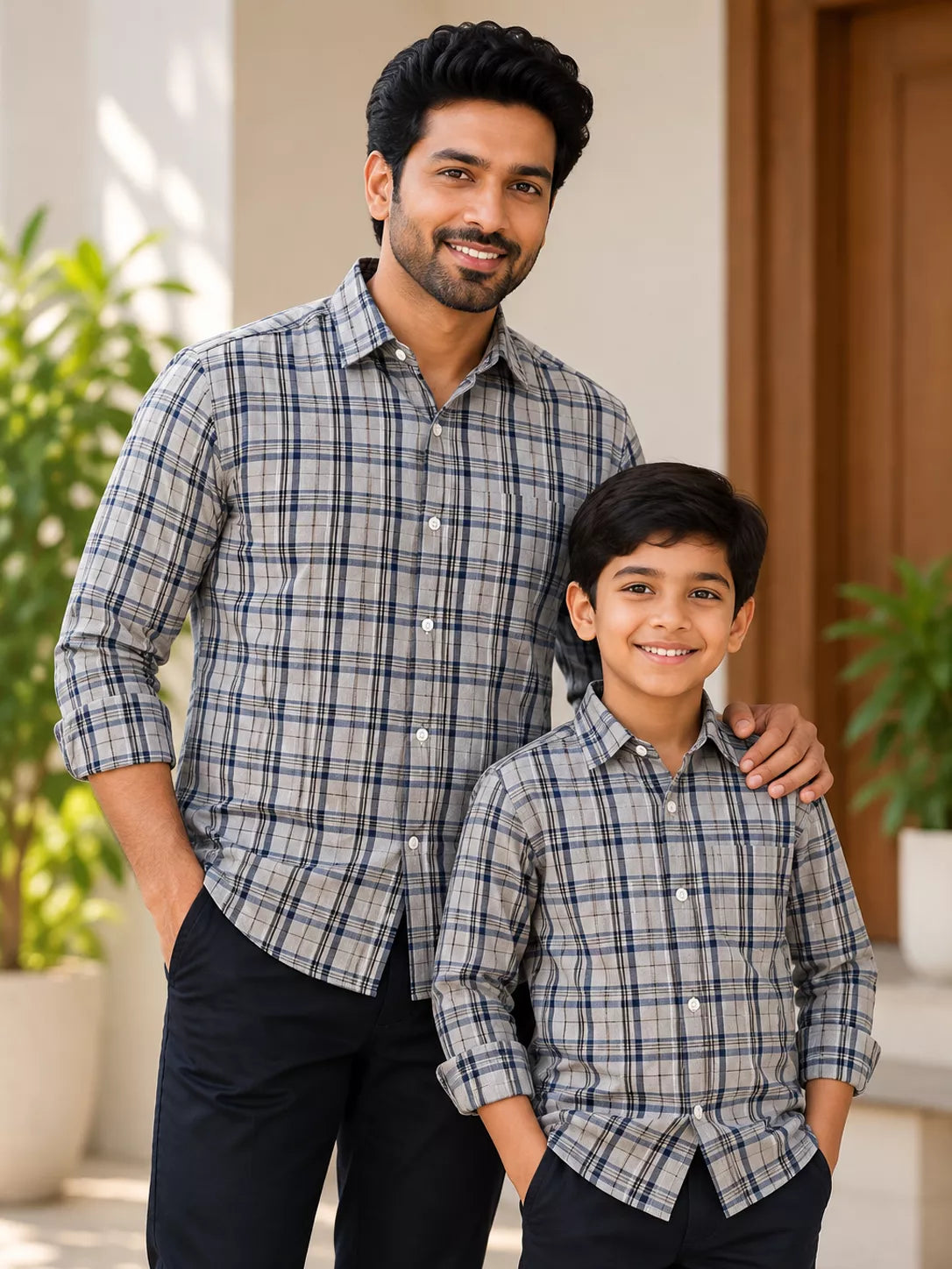 Greyish Beige and Blue Checked shirt Dad & Son Combo
