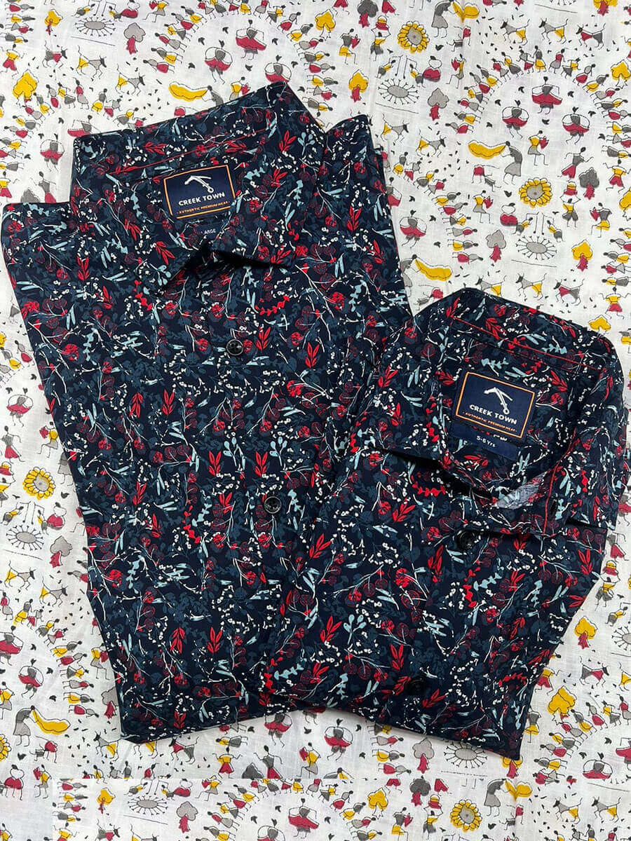 Dark Navy Multi Floral Printed Shirt Dad & Son Combo