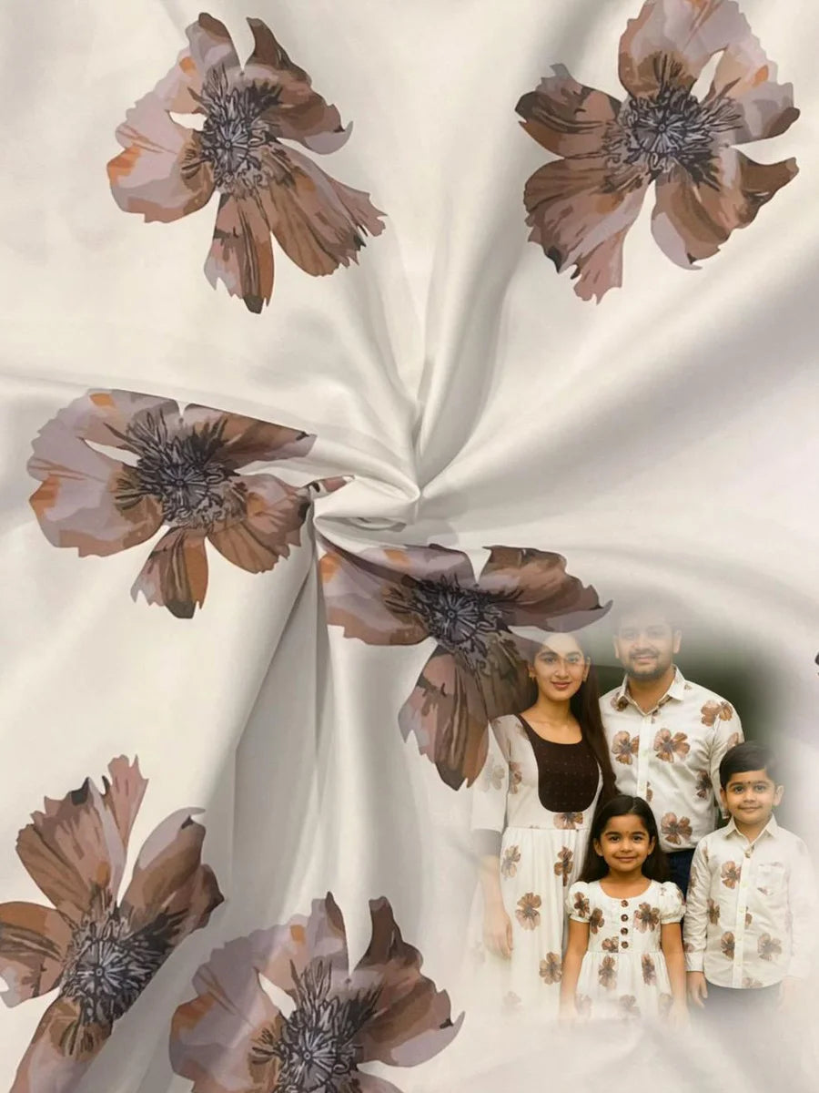 White Cotton Blend with Brown Flower Big Flare