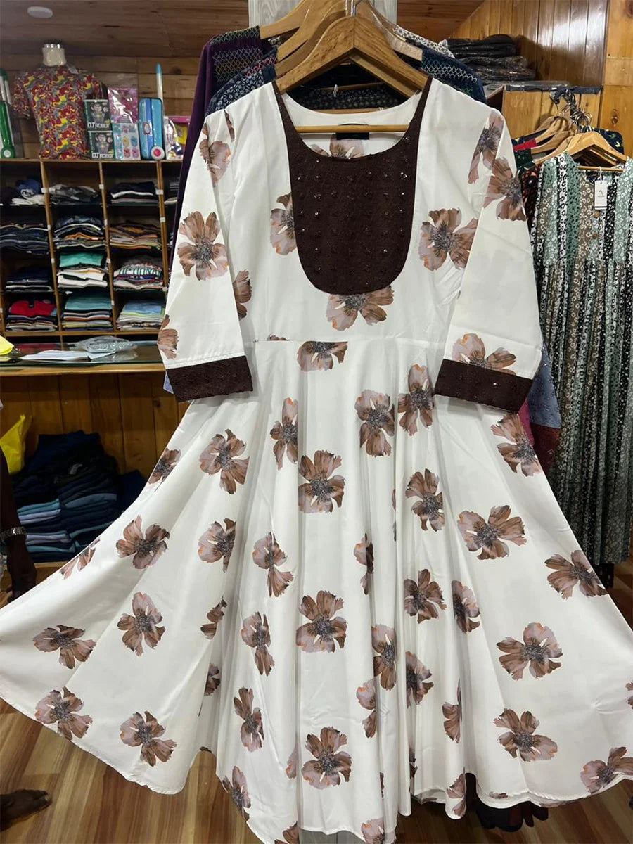 White Cotton Blend with Brown Flower Big Flare