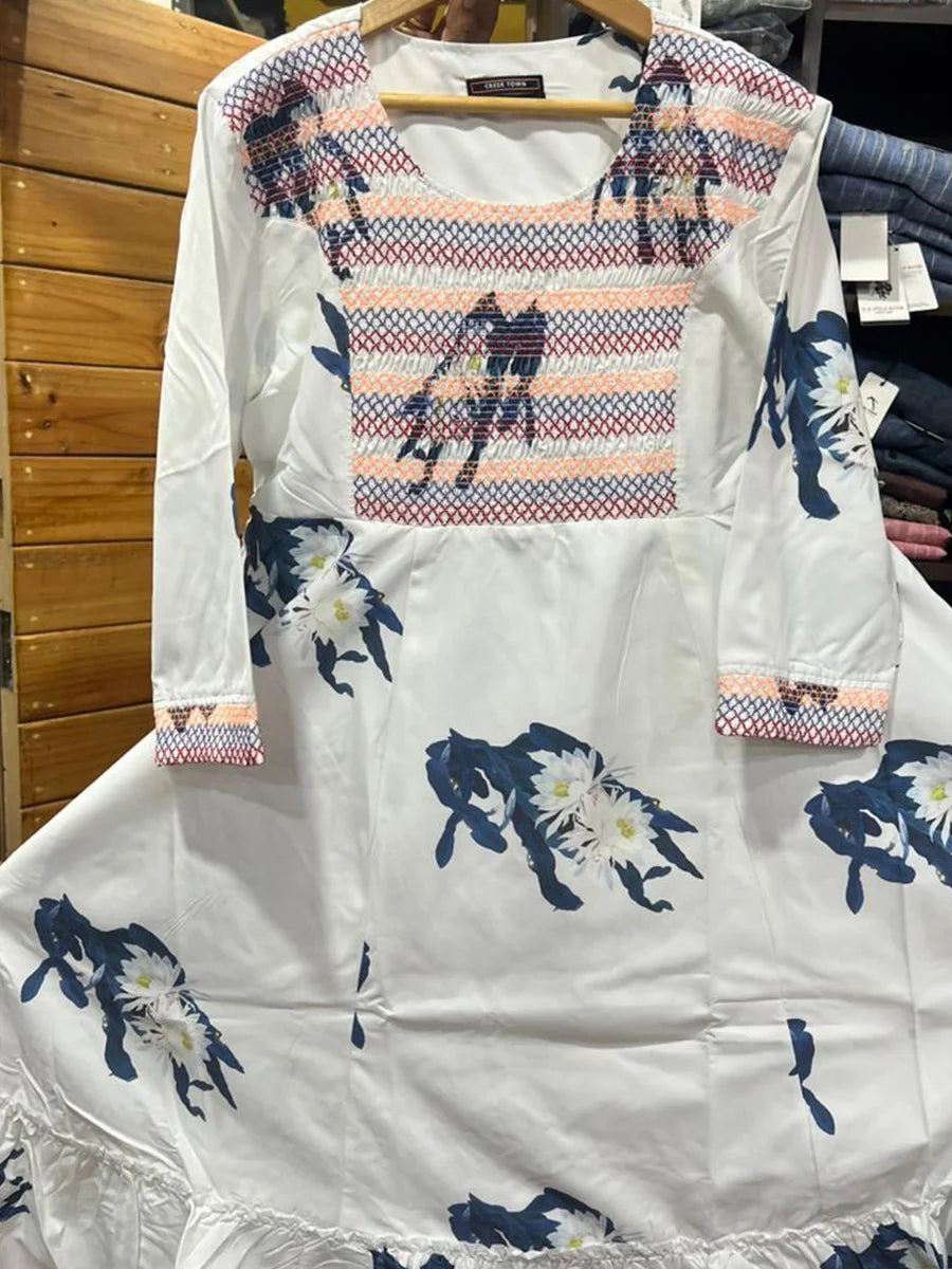 White Cotton Blend with Blue Flower with smoking