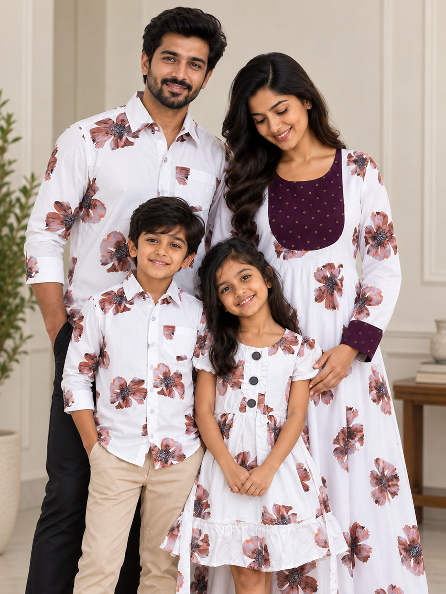 White cotton blend hibiscus floral print - Family Combo