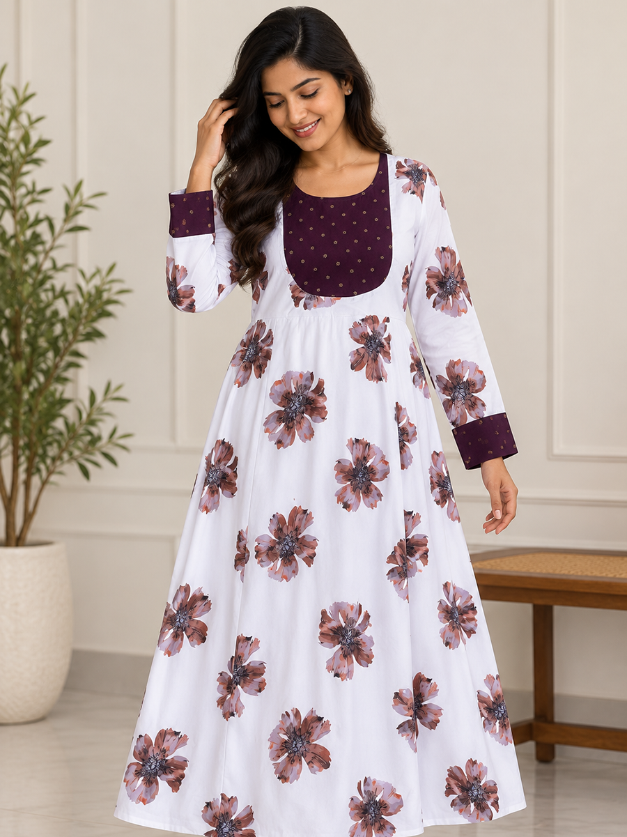 White cotton blend hibiscus floral print - Mom Kurthi