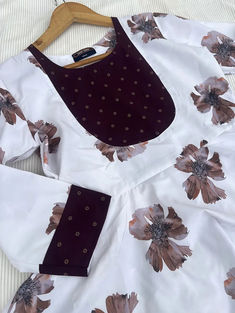 White cotton blend hibiscus floral print - Couple Combo