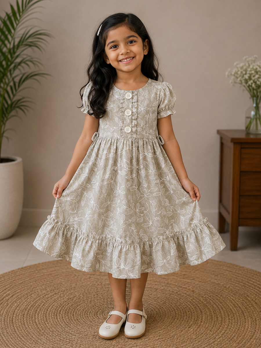 Light Olive Floral Print- Daughter Frock