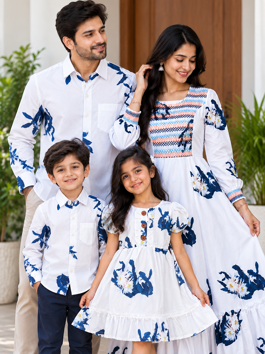 White cotton blend indigo blue floral Print - Family Combo