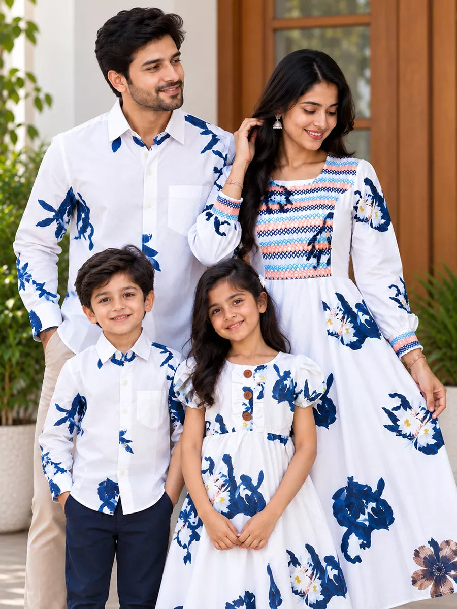 White cotton blend indigo blue floral Print - Family Combo