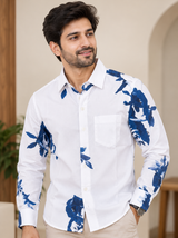 White cotton blend indigo blue floral Print - Dad Shirt