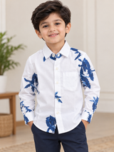 White cotton blend indigo blue floral Print - Son Shirt