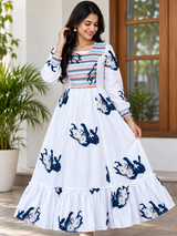 White cotton blend indigo blue floral Print - Mom Kurthi