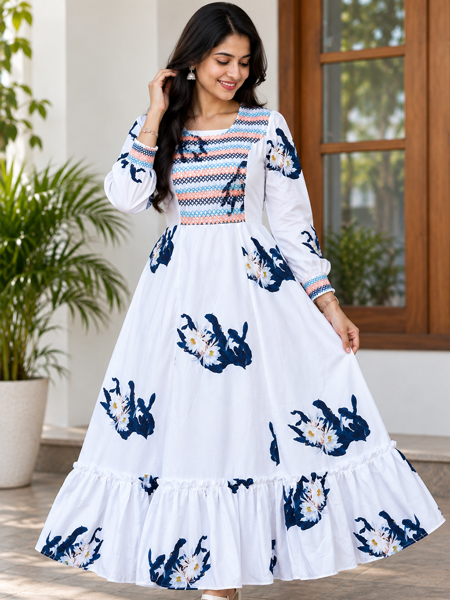 White cotton blend indigo blue floral Print - Mom Kurthi