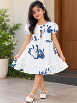 White cotton blend indigo blue floral Print - Daughter Frock