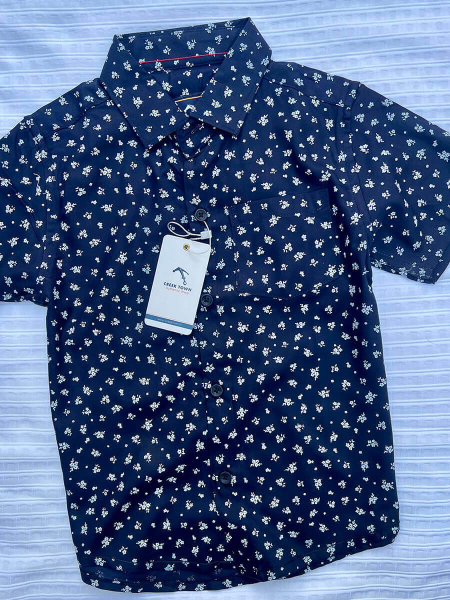 Navy Blue white Flower Rayon Printed Shirt