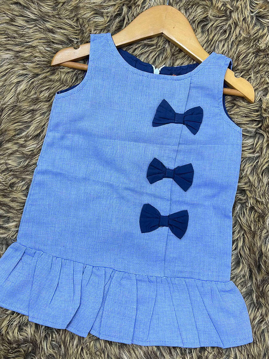 Lite Blue Micro Checked 3bow Frock