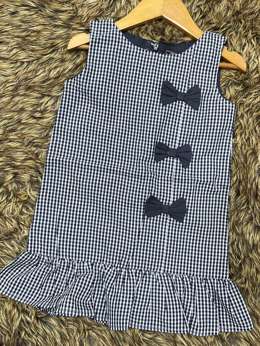 Navy Blue Small Checked 3bow Frock