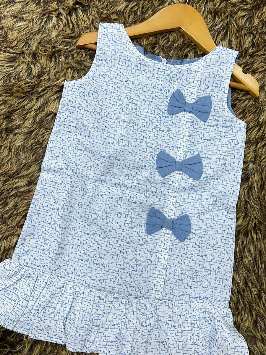 White blue Pattern 3bow Frock
