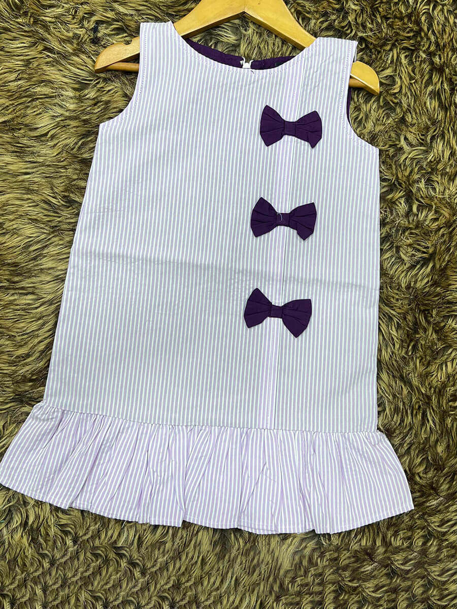 White & Lite Blue Stripe 3bow Frock