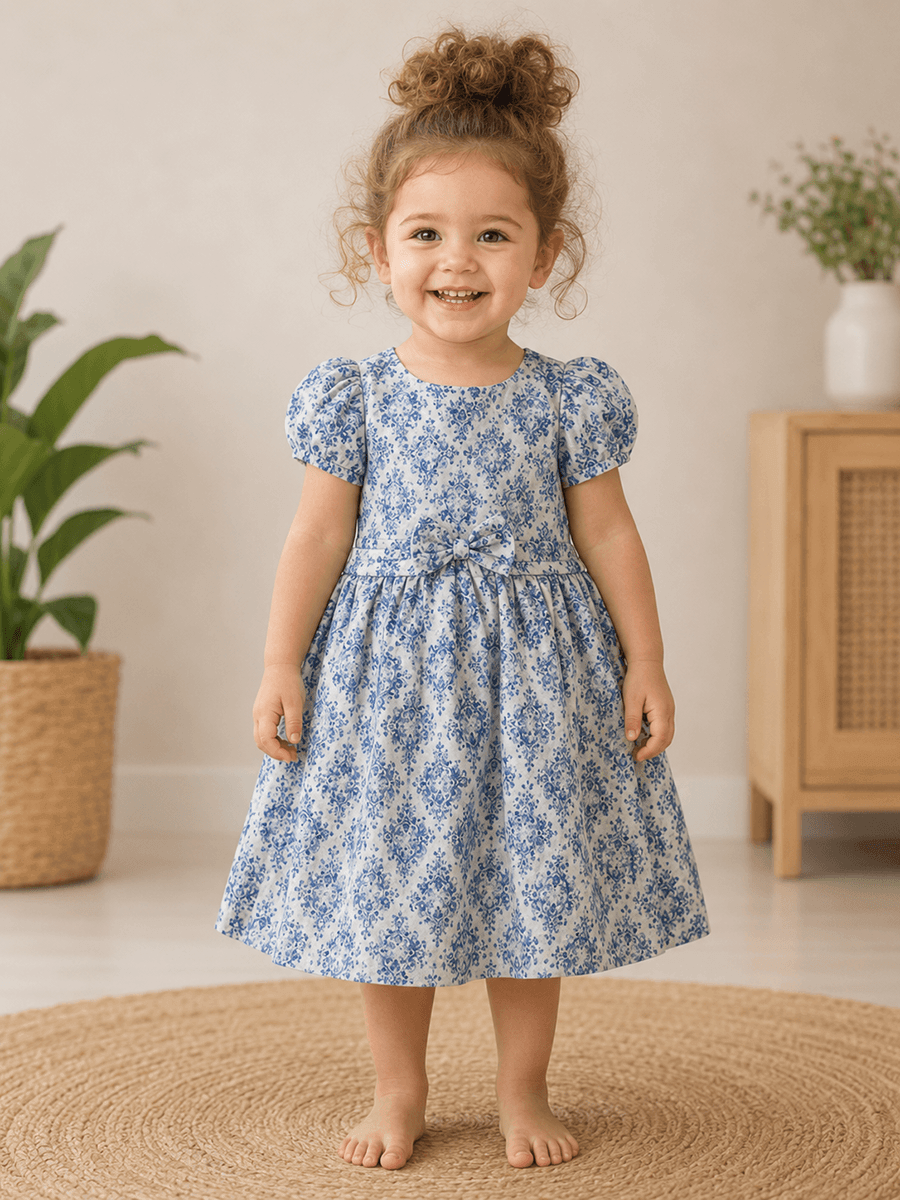 Blue & White Damask Print Frock