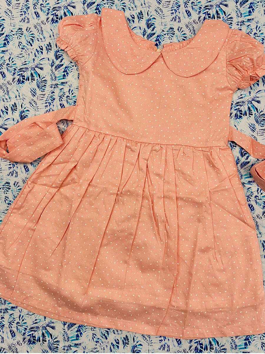 Coral Color Checked Peter Pan Collar Frock