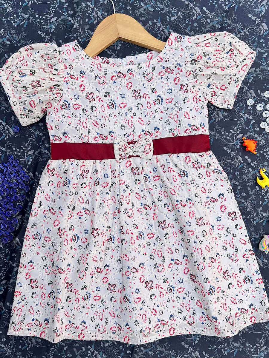 Marron & Navyblue leaf printed Puff Sleeve Frock