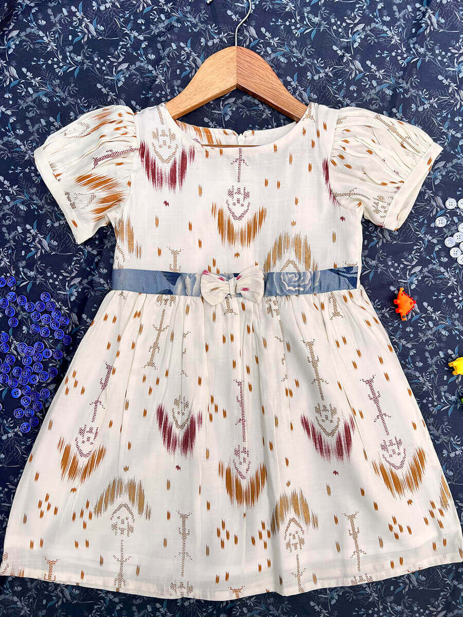 Yellow & Brown Shades Printed Puff Sleeve Frock
