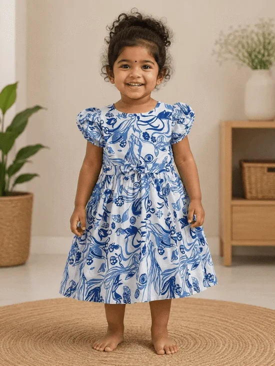 White Based Ink Blue Floral Graphic Print