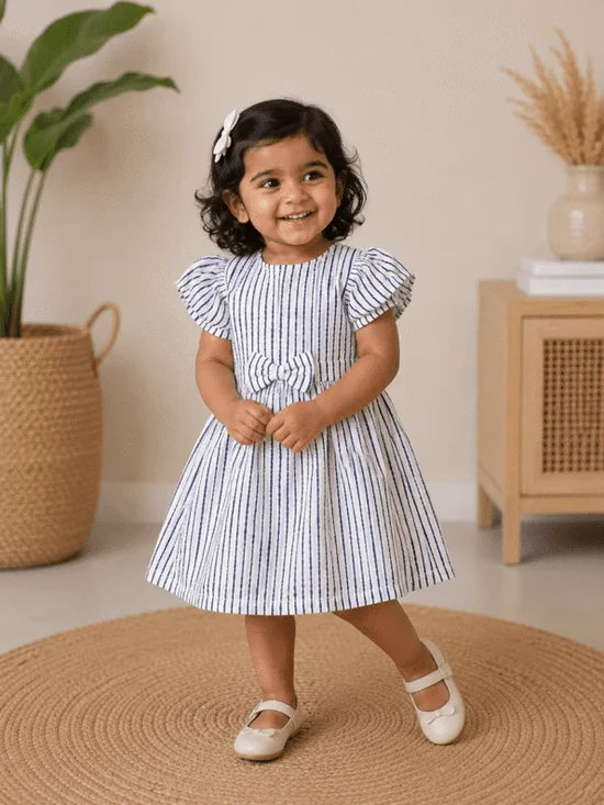 White Based Ink Blue Stripe Print