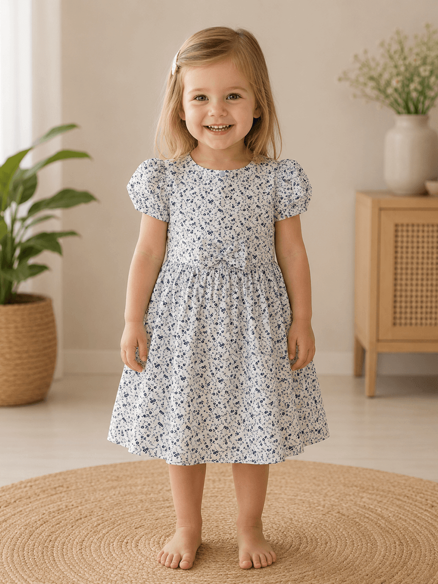 White Cotton Floral Print Frock