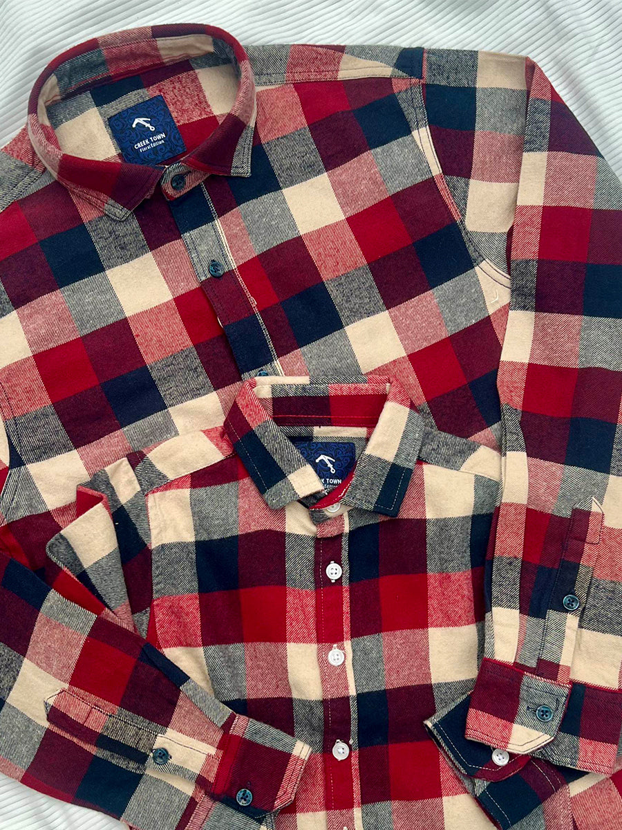 Vibrant-Red, Navy, & Beige Classic Large-Plaid Checks Dad & Son Combo