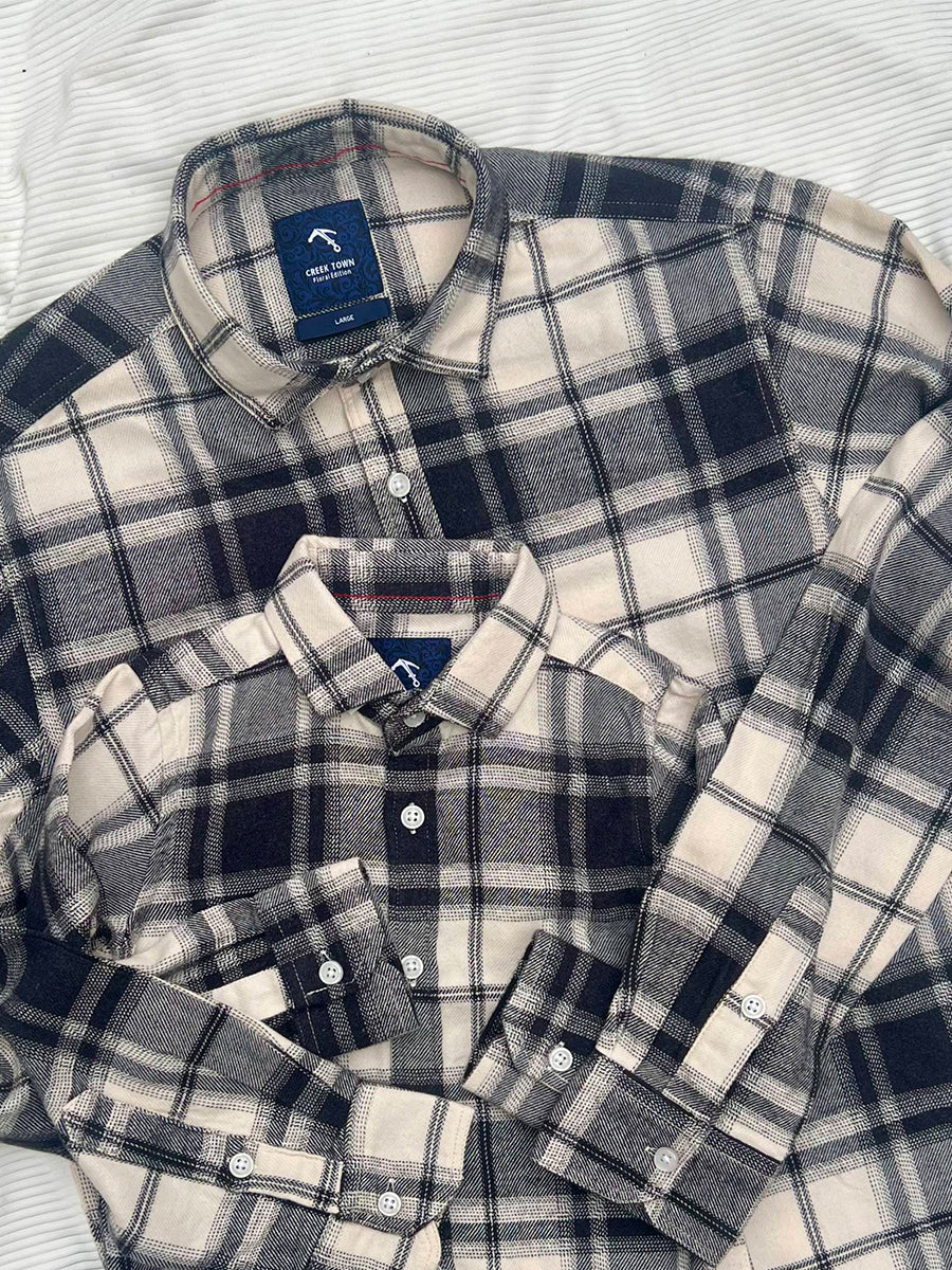 Cream & Navy Blue Tartan Plaid Flannel Checks Dad & Son Combo