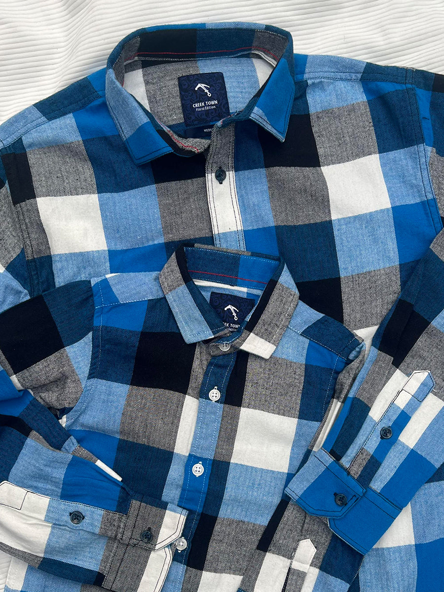 Crazy Plaid Sky Blue, White & Black Flannel Checks Dad & Son Combo