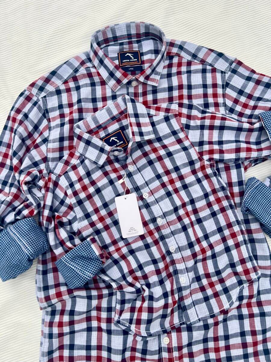 Double Fabric Grey & Red Checks Dad & Son Combo