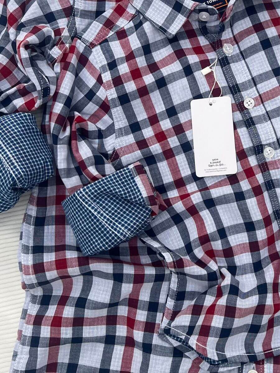 Double Fabric Grey & Red Checks Dad & Son Combo