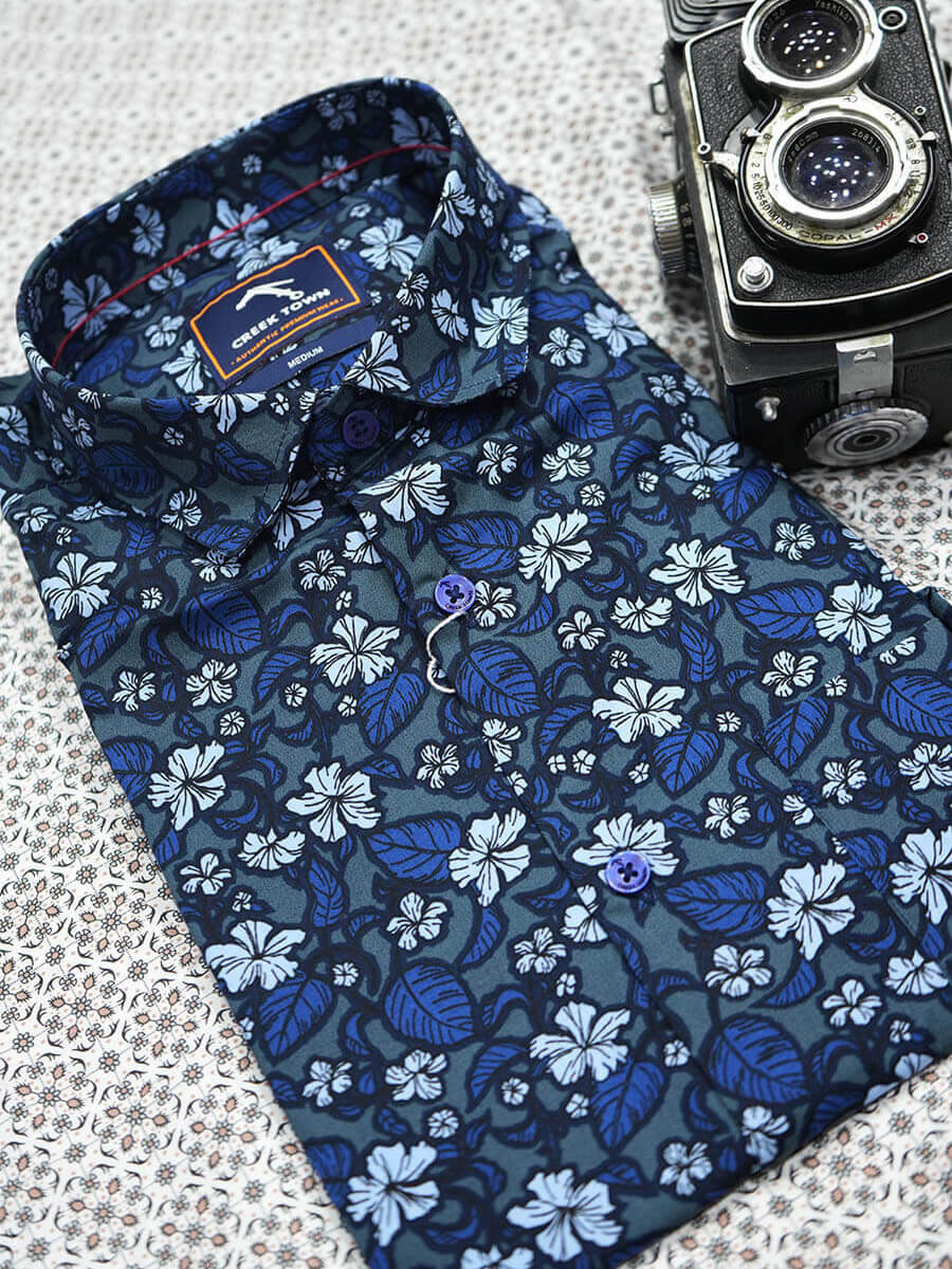 Green base white floral clusters shirt