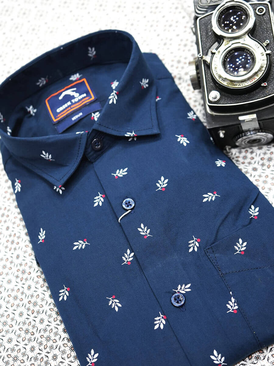 Navy Blue White Leaf Print