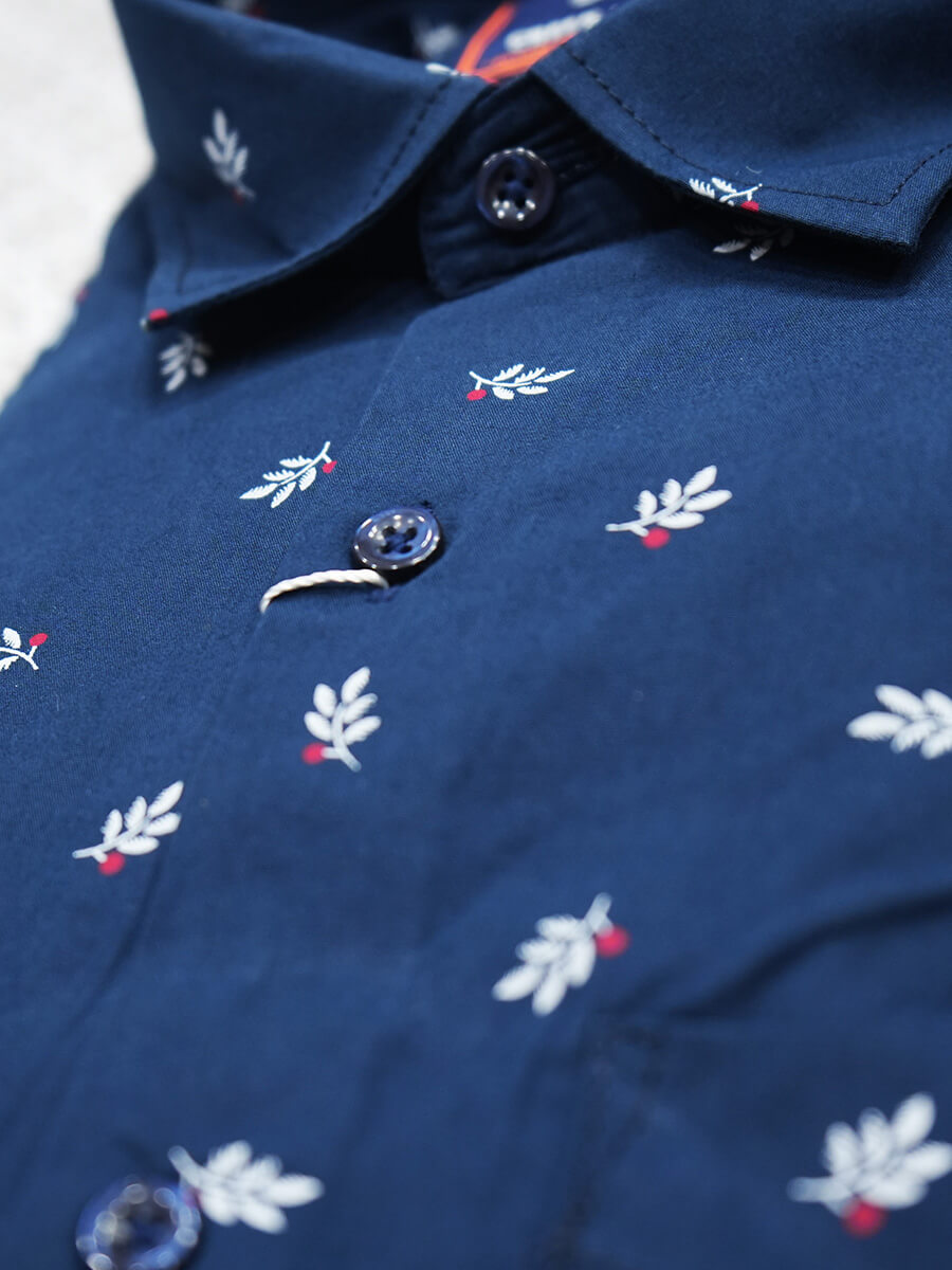 Navy Blue White Leaf Print